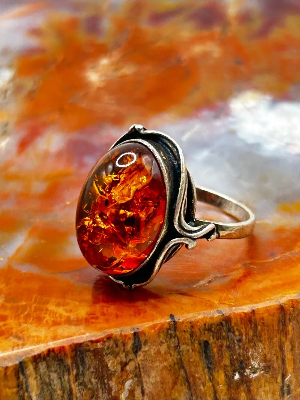 Vintage Sterling Silver Amber Ring - Size 6